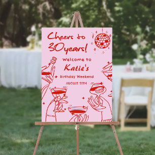 Red Pink Retro Hand Drawn Cocktail 30th Birthday Foam Board