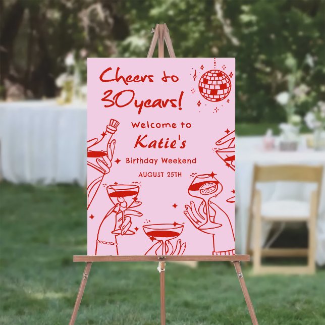 Red Pink Retro Hand Drawn Cocktail 30th Birthday Foam Board (Creator Uploaded)