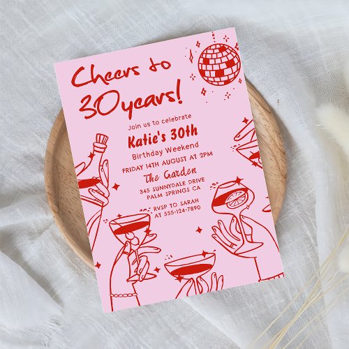 Red Pink Retro Hand Drawn Funky 30th Birthday Invitation