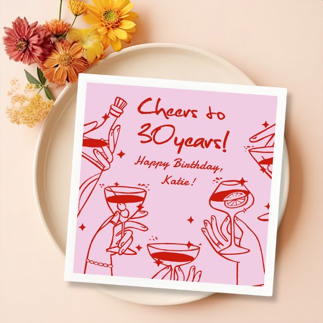 Red Pink Retro Handdraw Funky Cocktail Birthday Paper Dinner Napkins (Creator Uploaded)