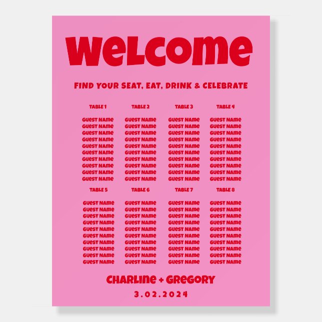 Red Pink Retro Wedding Seating Charts Foam Board (Front)