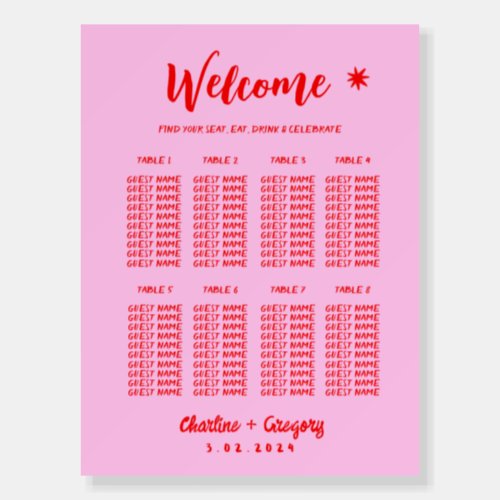 Red Pink Retro Wedding Seating Charts Foam Board