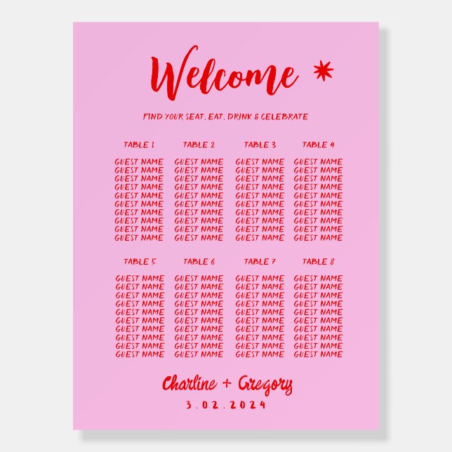 Red Pink Retro Wedding Seating Charts Foam Board (Front)