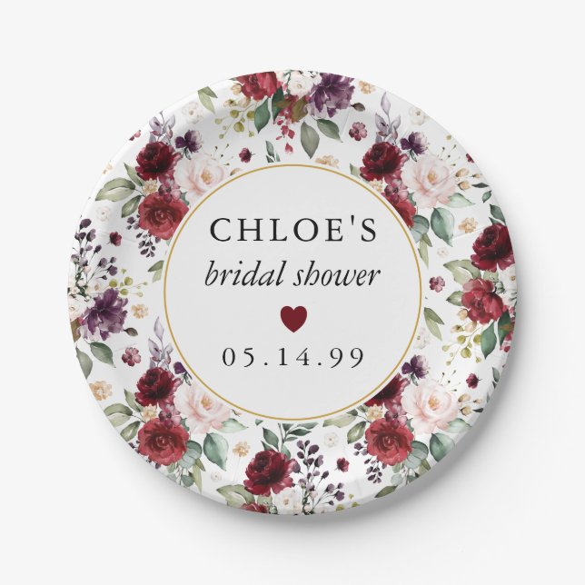 Red Pink Rose Floral Bridal Shower Paper Plates (Front)