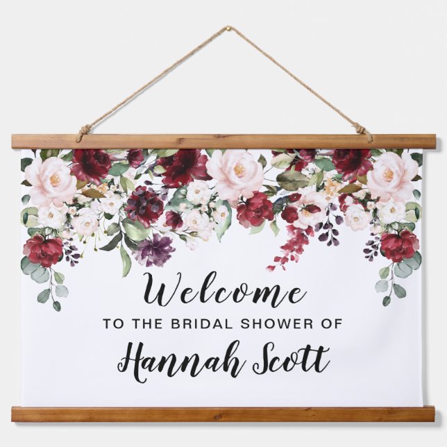 Red Pink Rose Floral Bridal Shower Welcome Hanging Tapestry (Front)