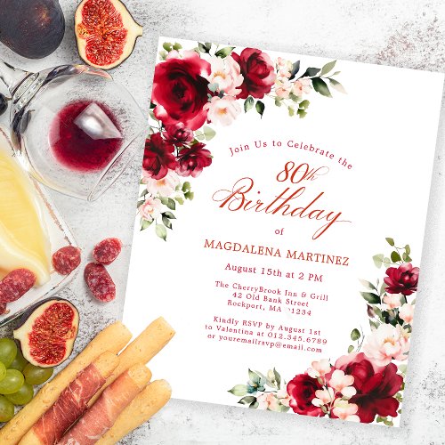 Red Pink Rose Floral Budget Birthday Invitation