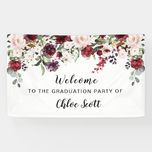 Red Pink Rose Floral Graduation Party Welcome Banner