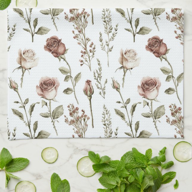 Red Pink Rose Floral   Kitchen Towel (Folded)