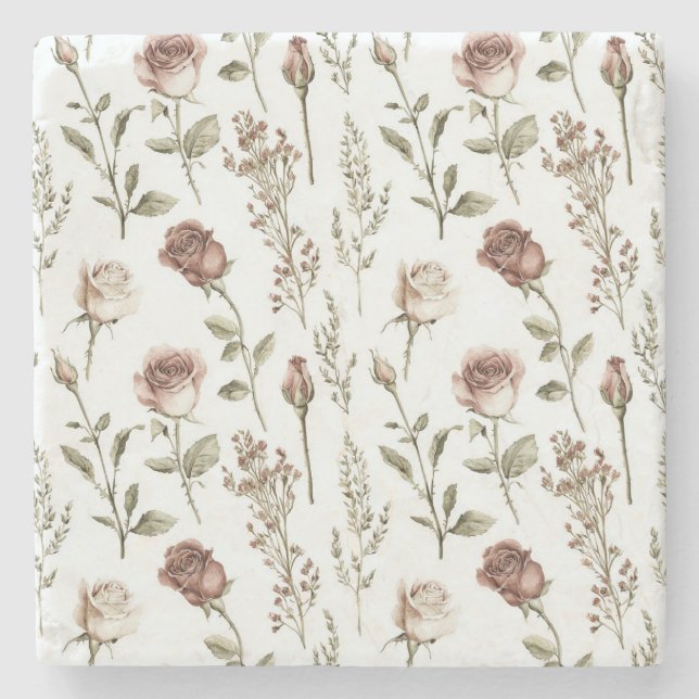 Red Pink Rose Floral   Stone Coaster (Front)