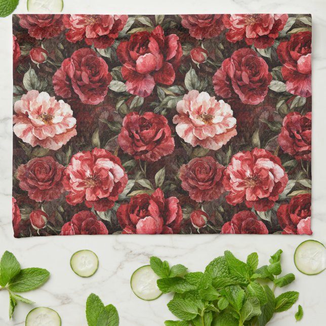 Red Pink Rose Flowers   Kitchen Towel (Folded)