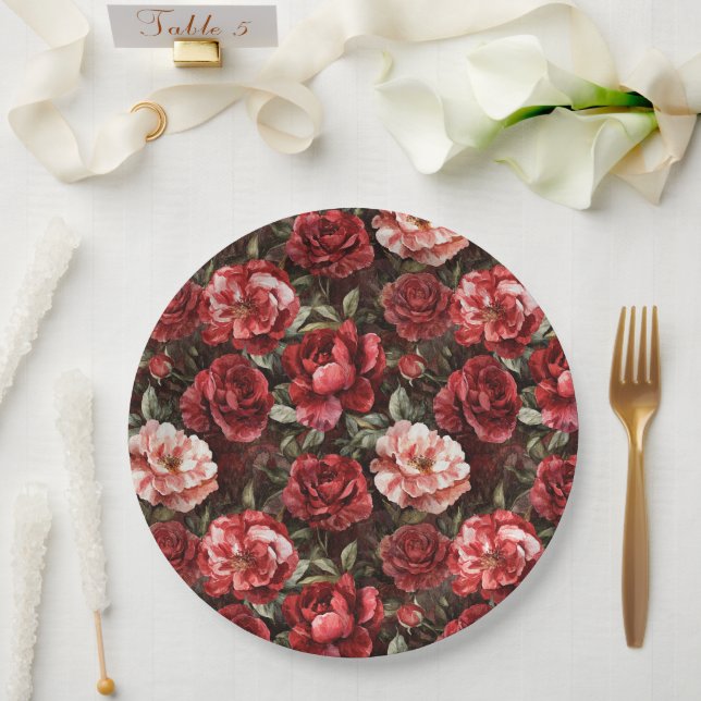 Red Pink Rose Flowers Paper Plates (Wedding)
