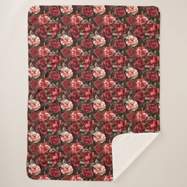 Red Pink Rose Flowers   Sherpa Blanket (Front)
