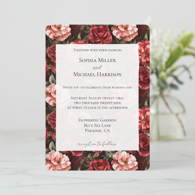 Red Pink Rose Flowers Wedding Invitation (Standing Front)
