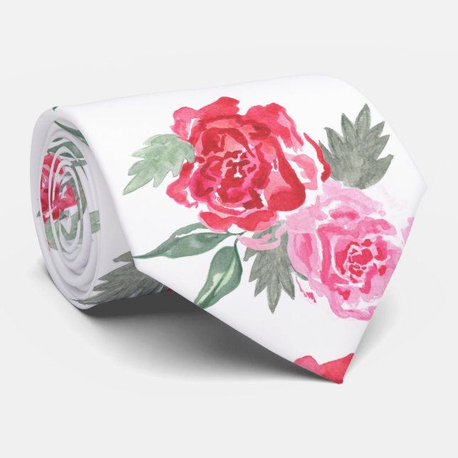 Red pink rose leaf greenery wedding unisex tie (Rolled)