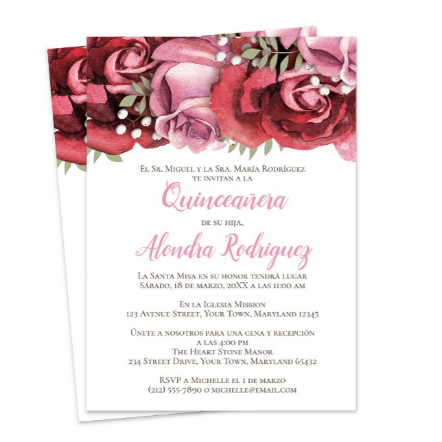 Red Pink Rose (Rosa) Quinceañera Invitation (Creator Uploaded)