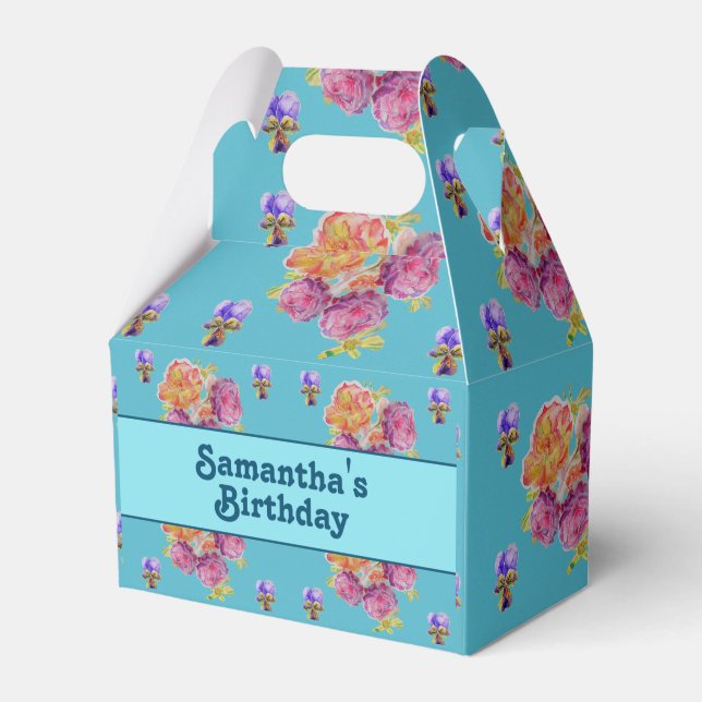 Red Pink Rose Shabby Chic Teal Aqua Floral Favor  Favor Boxes (Front Side)