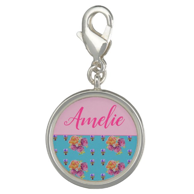 Red Pink Rose Shabby Chic Teal Aqua Floral Flower Charm (Front)