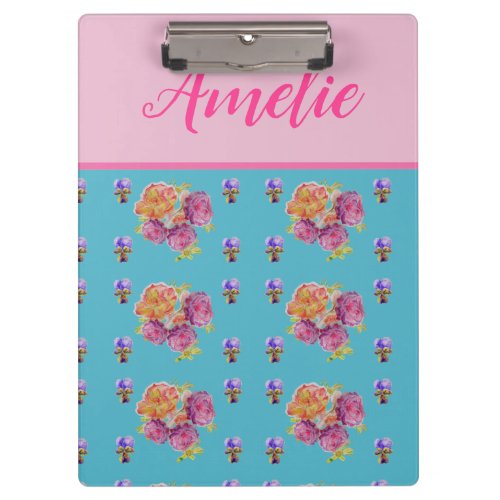 Red Pink Rose Shabby Chic Teal Aqua Floral Flower Clipboard