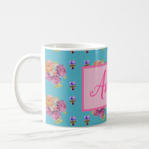 Red Pink Rose Shabby Chic Teal Aqua Floral Flower Coffee Mug