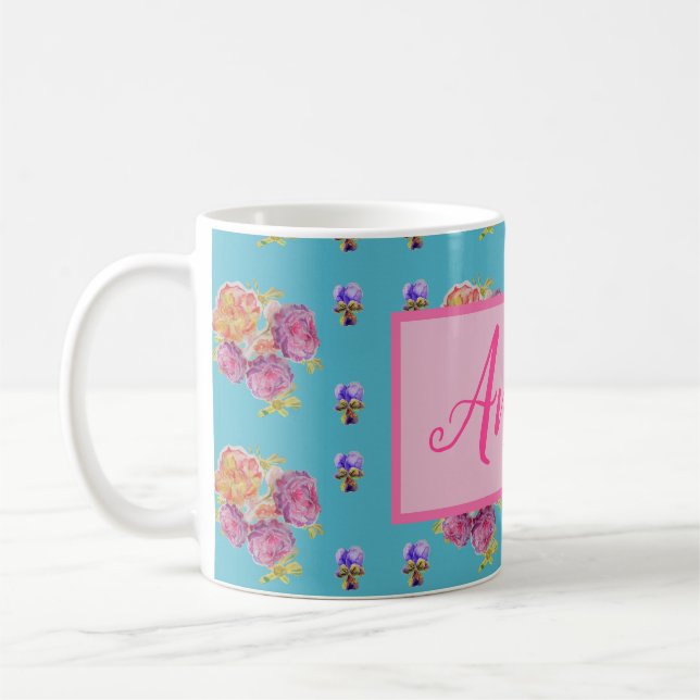 Red Pink Rose Shabby Chic Teal Aqua Floral Flower Coffee Mug (Left)