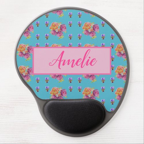 Red Pink Rose Shabby Chic Teal Aqua Floral Flower Gel Mouse Pad