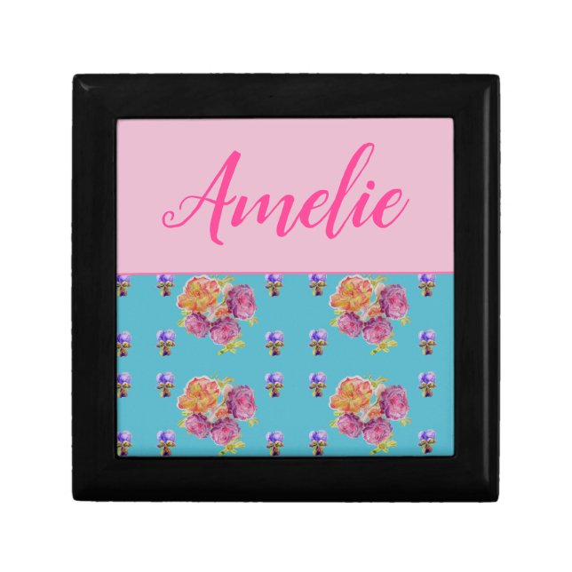 Red Pink Rose Shabby Chic Teal Aqua Floral Flower Gift Box (Front)