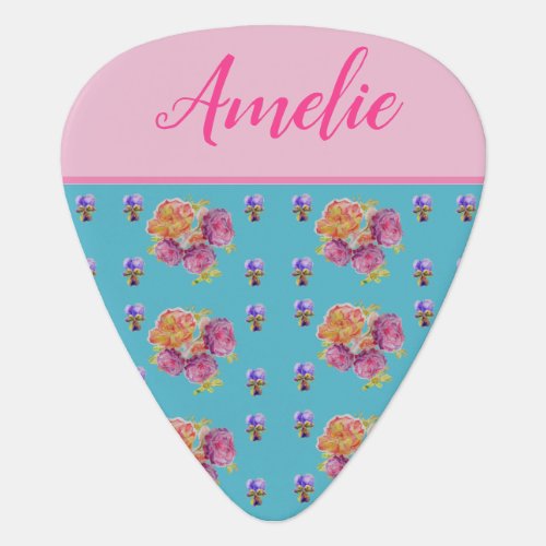 Red Pink Rose Shabby Chic Teal Aqua Floral Flower Guitar Pick