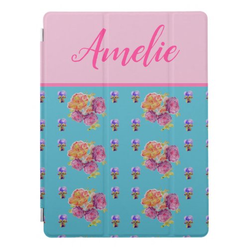 Red Pink Rose Shabby Chic Teal Aqua Floral Flower iPad Pro Cover