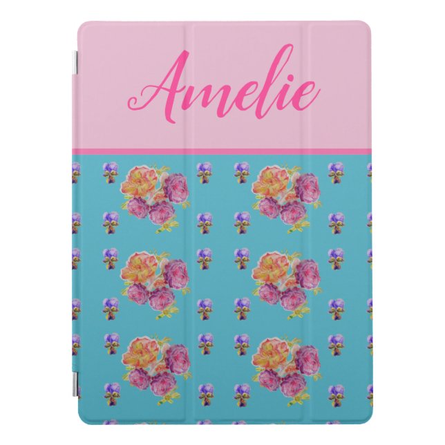 Red Pink Rose Shabby Chic Teal Aqua Floral Flower iPad Pro Cover (Front)