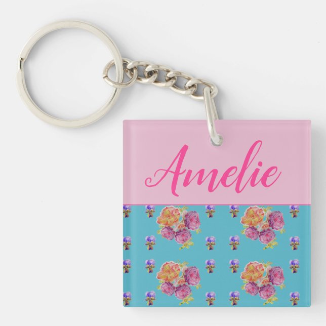 Red Pink Rose Shabby Chic Teal Aqua Floral Flower Keychain (Front)