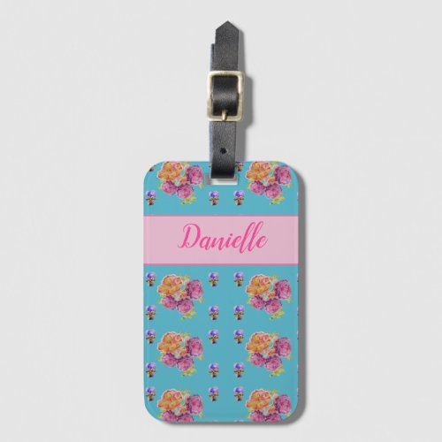 Red Pink Rose Shabby Chic Teal Aqua Floral Flower Luggage Tag