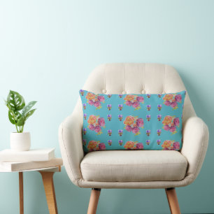 Red Pink Rose Shabby Chic Teal Aqua Floral Flower Lumbar Pillow
