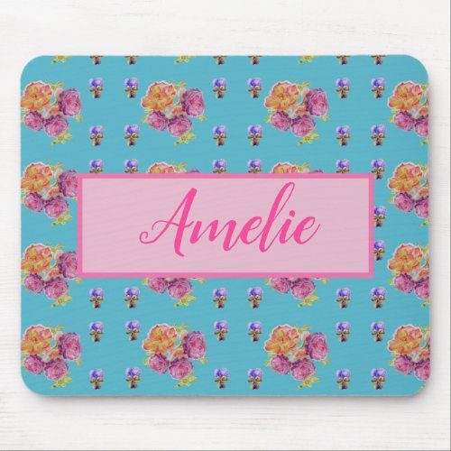 Red Pink Rose Shabby Chic Teal Aqua Floral Flower Mouse Pad