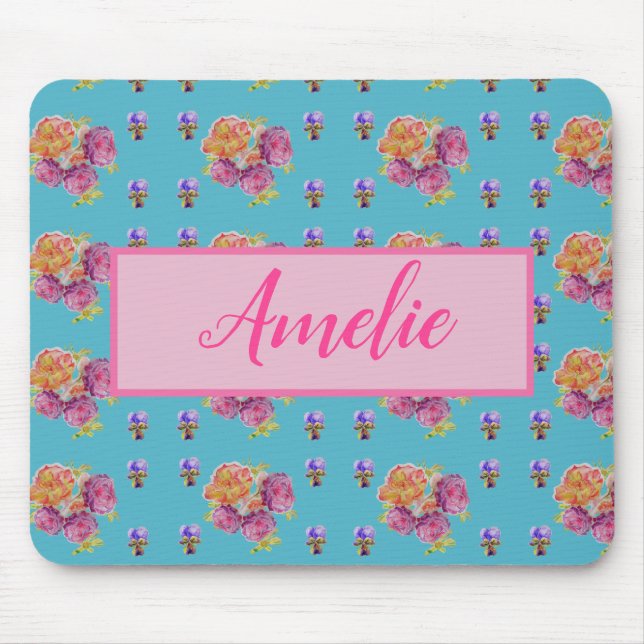 Red Pink Rose Shabby Chic Teal Aqua Floral Flower Mouse Pad (Front)