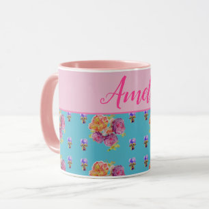 Red Pink Rose Shabby Chic Teal Aqua Floral Flower Mug