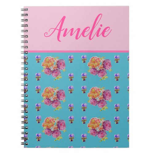 Red Pink Rose Shabby Chic Teal Aqua Floral Flower Notebook