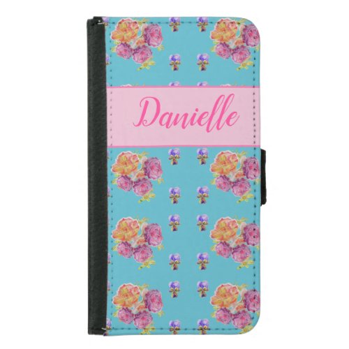 Red Pink Rose Shabby Chic Teal Aqua Floral Flower Samsung Galaxy S5 Wallet Case