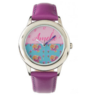 Red Pink Rose Shabby Chic Teal Aqua Floral Flower Watch