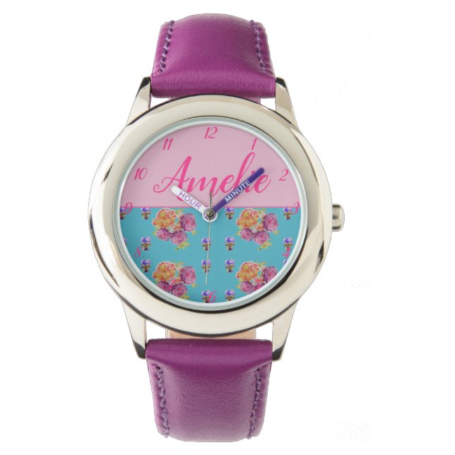 Red Pink Rose Shabby Chic Teal Aqua Floral Flower Watch (Front)