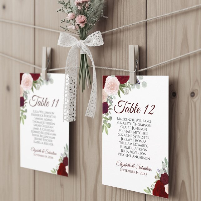 Red & Pink Roses 10 Name Seating Chart Card  (Creator Uploaded)