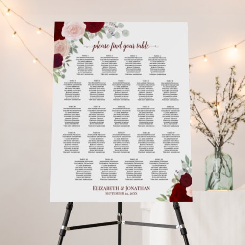 Red  Pink Roses 23 Table Wedding Seating Chart Foam Board