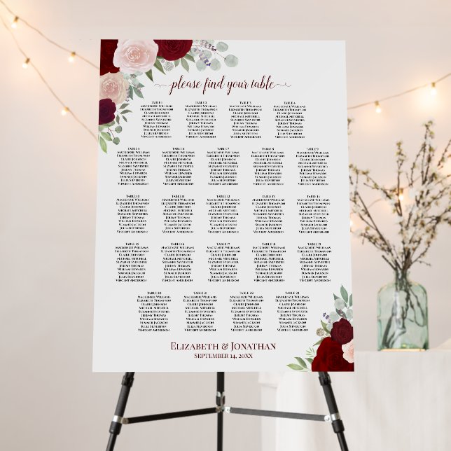 Red & Pink Roses 23 Table Wedding Seating Chart Foam Board (In Situ (Stand))