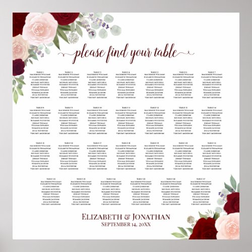 Red  Pink Roses 27 Table Wedding Seating Chart