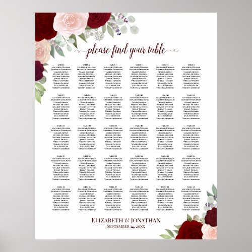 Red  Pink Roses 30 Table Wedding Seating Chart