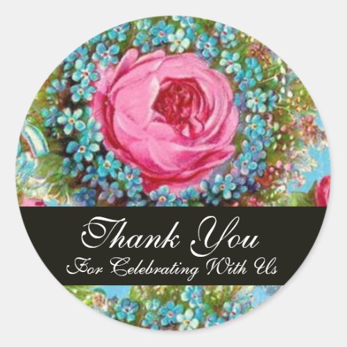 RED PINK ROSES AND BLUE FLOWERS  Thank You Classic Round Sticker