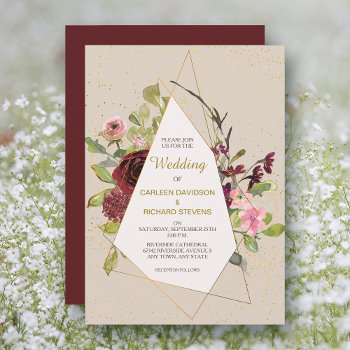 Red Pink Roses And Gold Frame Wedding Invitation by AvenueCentral at Zazzle
