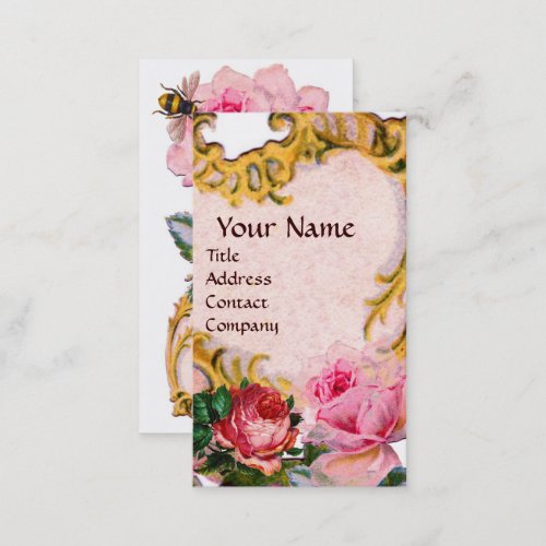 RED PINK ROSES AND HONEY BEE BEEKEEPER MONOGRAM BUSINESS CARD