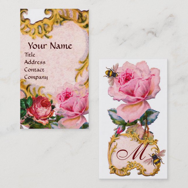 RED PINK ROSES AND HONEY BEE BEEKEEPER MONOGRAM BUSINESS CARD (Front/Back)
