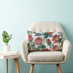 Red & Pink Roses and Leaves Floral Lumbar Pillow