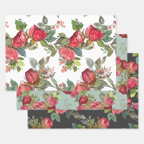 Red Pink Roses Berries Greenery Watercolor Floral Wrapping Paper Sheets